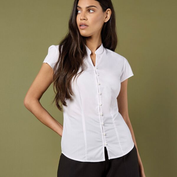 Women's continental blouse mandarin collar cap sleeve Thumbnail